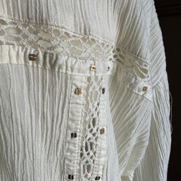 Free People Summer Stars Cream Gauze Boxy Button Down Blouse Boho Small - Picture 5 of 7
